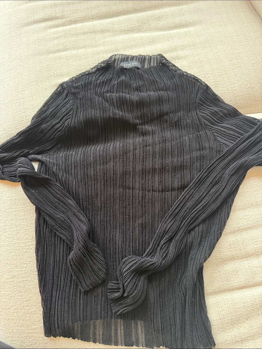 Anine Bing Black Mesh Ribbed Long-Sleeve Mockneck